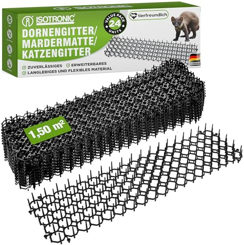 ISOTRONIC Katzenabwehr für den Außenbereich Mardermatte Dornengitter | Tier-Barriere | gegen Schnecken | Katzenabwehrmatte, Kratzschutz für Katzen (schwarz 24 Stück)