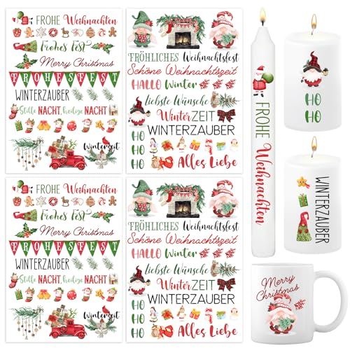 BETESSIN 4x Kerzen Tattoos Folie Weihnachten Kerzentattoo Zwerge Rub On Sticker Weihnachten Bunte Kerzenfolie Sprüche Sticker Aufkleber Merry Christmas Kerzensticker für Stabkerze Kerzen Tasse