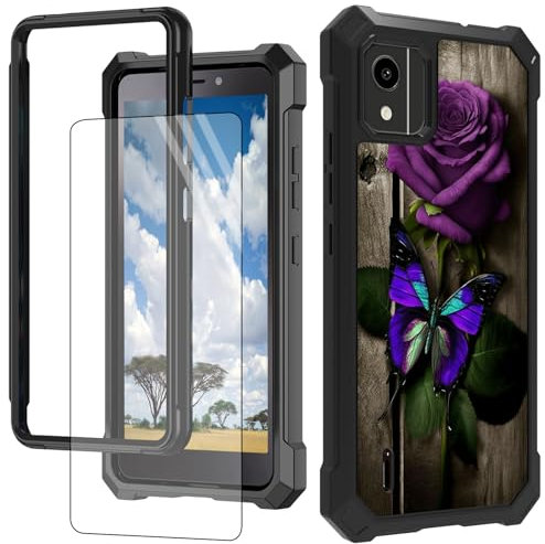 CGFGHHUY Coque de téléphone pour Nokia C110 avec protecteur d'écran en polycarbonate rigide + TPU souple - Résistante aux chocs - Coque de protection pour Nokia C110 6,3 de 2023 - Roses et papillons