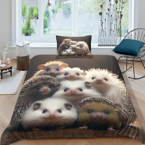 VesFy Igel Bettbezug Kissenbezug Set 2 Teilig Weiche Mikrofaser 3D Niedliche Tiere Druck Mit Reißverschluss Für Jungen Mädchen Erwachsen Single(135x200cm)