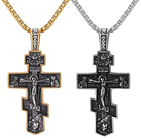 JewelryWe Russisch Orthodoxe Kreuz Kette: 2 Stück Herren Edelstahl Halskette mit Jesus Byzantinischen Kreuz Kruzifix Anhänger Christian Religiöse Amulett Schmuck für Männer Junge