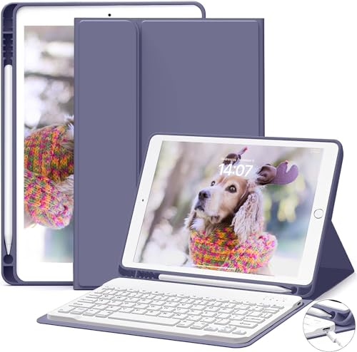 JKSML Tastatur Hülle für iPad 9./ 8./ 7.Generation (2021/2020/ 2019) mit Pencil Halter, Soft TPU Rückseite Schutzhülle, Abnehmbarer Bluetooth QWERTZ Tastatur für iPad 10.2 Zoll (Violett-Grau)