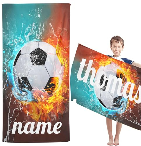 CYSYLQW Personalisiert Fußball Strandtuch Mit Namen, Personalisierte Fußball Handtuch Badetuch Mit Namen Mikrofaser Strandtuch Groß 100x200cm Badetuch Fußball Für Kinder (80 x 150 cm,1)