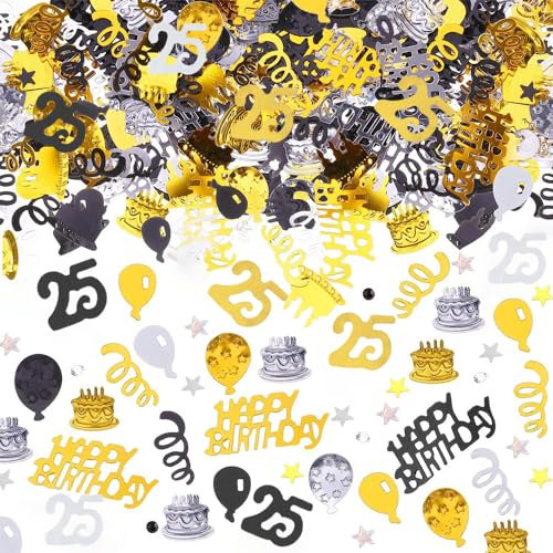 AIVEKE Happy Birthday Konfetti Tischdeko 25. - Streudeko für Frau Mann, Schwarz Gold Luftschlangen, Glitzer Confetti für Jubiläum Partydekorationen