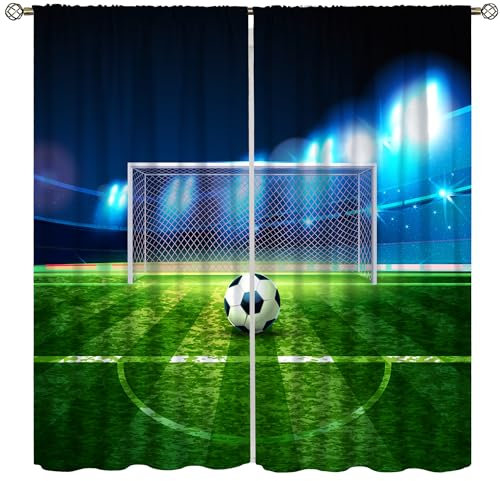 Verdunkelungsvorhänge für Kinderzimmer, Sportthema, Cartoon-Beleuchtung, Power, grünes Stadion, Fußballtorwart, Fenstervorhänge, Druck für Jungen, Jugendzimmer, Kinderzimmer, Kinderbetreuung, 106,7 x