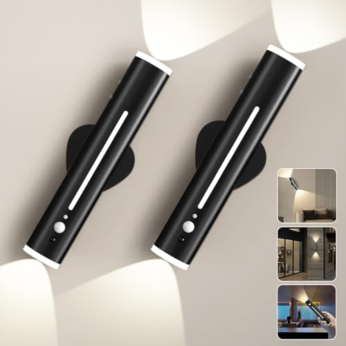 Hapfish Wandlamp Innen Ohne Stromanschluss 2 Stück, Akku LED Wandleuchte Kabellos mit Bewegungsmelder, Metall Fernbedienung Magnet, Wandlicht Batterie für Aussen Schlafzimmer Treppenbeleuchtung