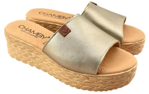 CHAMBY - Sandalia de Plataforma con Pala de Piel Metalizada 216023 Cuero Mujer Color: Titán Talla: 36
