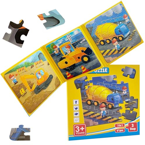 LUMIN TUTU Magnet Puzzle ab 3 Jahre, 16/20/25 Teile Kinderpuzzle 3 in 1 Magnetpuzzle & Magnetspiel ab 2 3 4 5 Jahre, Reisespiele Lernspielzeug und Kleine Geschenke für Kinder (Arbeitsfahrzeug)