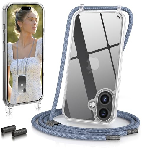 GOODVISH Funda Transparente para iPhone 16 6.1 con Cuerda, Azul | Phone Case para Teléfono con Cordón, con Ajustable Correa, Anti-Drop, Antiarañazos, Camera and Screen Protection
