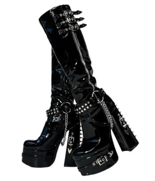 Frankie Hsu Goth Sexy Chunky Platform Stivali con tacco alto, Rivetti a catena in argento vernice nera fibbia ad anello gotico, Punk Y2K Hot Girl Big Large Size Largo polpaccio scarpe per donne