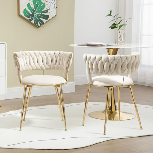 Merax Esszimmerstühle 2er Set, Freizeit Esszimmerstuhl Stühle mit Gebogene Linie Rückenlehne, Moderner Akzent Stuhl, Kosmetikstuhl, Samt Gold Beine Küchenstuhl, für Wohnzimmer Schlafzimmer Büro, Beige
