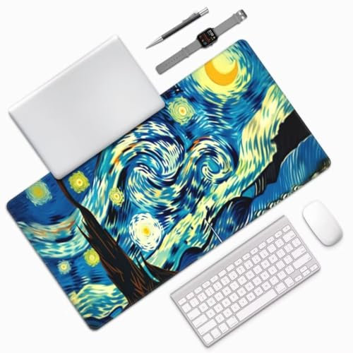 Starry Night Mouse Mat Large Desk Mat 23.6x11.8 Inch, Vintage Mouse Pad Gaming Mousepad, Waterproof Keyboard Mat, Durable Desk Pad, Soft, Non-Slip Rubber Base Mouse Mats for Desk Office Gaming M4