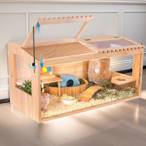Wooden Hamster Cage,32x16x15Large Hamster Cage,2 Washable Liners & 2 Adjustable Ventilation Window. Small Animal Cage for Dwarf Syrian Hamsters Degus Mice & Other Small Pets.