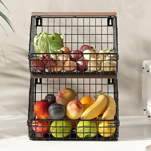 Yahbrra Obstkorb Hängend Wandregal Küche Hängekorb: 2 Stück mit Holzdeckel Drahtkorb Stapelbar Wandmontierbar zur Aufbewahrung von Gemüse Obst und Snack (Schwarz, 30x15.5x21.6cm)
