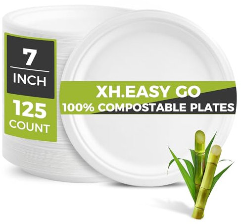XH.Easy Go 7 Inch Paper Plates Heavy-Duty Disposable Plates Bulk [125 Pcs], 100% Compostable and Eco-Friendly Biodegradable Plate, Made of Sugarcane Fibers 7 White Dishes