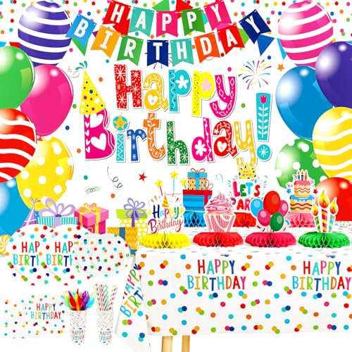 Happy Birthday Decorations- 170pcs Birthday Party Supplies Kit with Colorful Honeycomb Centerpieces for Tables, Banner, Birthday Backdrop Cloth, Tableware Kit for Boys Girls, Serves 20