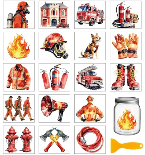 GLOBLELAND 18 Blatt Feuerwehrauto Transferfolien Zum Aufreiben Feuerwehrmann Wasserdicht UV DTF Cup Wraps Aufkleber 3.9x3.6 Zoll Feuerlöscher Transferaufkleber Für Wasserbecher Glasflaschen Vasen