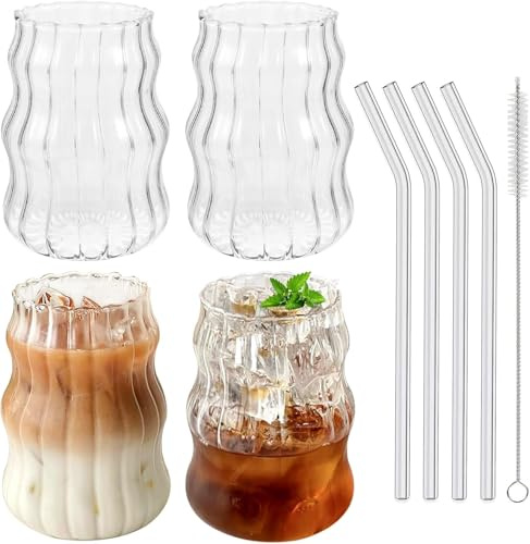 DENUOTOP 4 Pezzi Bicchieri con cannuccia, bicchieri da caffè da 530 ml, bicchiere per latte macchiato, bicchieri da bolla in vetro borosilicato per tazze da caffè, cappuccino, mojito, matcha, frappè