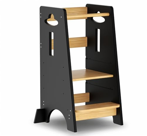 COSYLAND Lernturm ab 1 Jahr - Höhenverstellbarer Learning Tower für Kinder (3-stufig) - Montessori Lernturm mit Kippschutz & Massivholz (Natur und Schwarz)