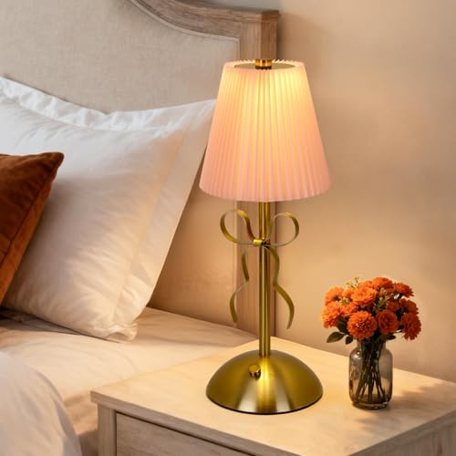 VIMAZ Rechargeable Lamp,3-Color Dimmable Cordless Table Lamp,Small LED Touch Lamps Bedside Table Lamp with Fabric Shade,Protable Wireless Battery Powered Desk Lamp for Bedroom Home Living Room (Pink)