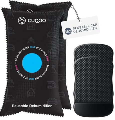 CUQOO Car Dehumidifier Bag | Moisture Absorber Car - Reusable Silica Gel | MICROWAVE REACTIVATED: condensation bags · damp trap · windscreen fog · anti-slip mat · desiccant · caravan