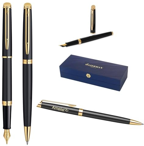 Waterman Hémisphère Ensemble stylo plume et stylo à bille avec gravure, kit d'écriture de luxe, personnalisable, cadeau d'anniversaire, d'anniversaire et de Noël, noir mat G.T