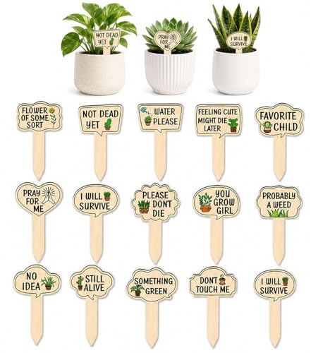 QIHAWN 15Pcs Funny Wooden Plant Markers, Decorative Garden Plant Labels | 15 funny designs, Cute Patterns,decorative plant markers, for indoor outdoor gardens, novelty gift for plant lovers