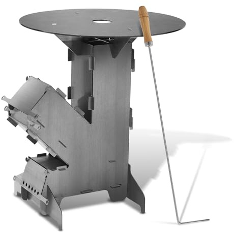 Raketenofen mit Grillplatte groß 5mm, Rocket Stove mit Feuerhaken，Kanonenofen Stecksystem aus massivem 3 mm dickem Stahl，2 zusätzlichen Standfüßen，Holzofen Outdoor für Camping, BBQ, Dutch Oven