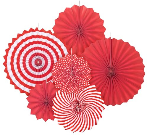AUAUY 6PCS Party Decorations, Reusable Paper Fan Decorations, Red | Hanging Paper Fans for Mexican Theme Party, Birthdays, Carnivals, Wedding Festivals