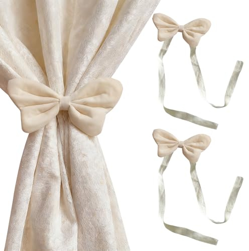 poraceous 2 Stück Vorhang Raffhalter, Einstellbar, Vorhang Halter mit Schleife, Kein Bohren Erforderlich, Gardinen Seil für Haus Kinderzimmer Deko, für Zuhause, Büro, Schlafzimmer, Cremefarben