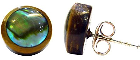 Ohrstecker Unisex 8 mm Kokosnuss Holz Edelstahl bunt Muschel Paua Inlay rund Abalone | Lobe Piercing Damen Herren Ohr Schmuck Handarbeit Chirurgenstahl |Geschenk Ohrringe braun