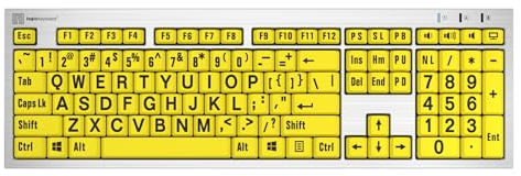 Logickeyboard Slimline mit großem Druck • Schwarze Buchstaben auf gelben Tasten • Hergestellt für Windows-PC • Inklusive LogicLight-Lampe • p/n LKBU-LPRNTBY-AJPU-US