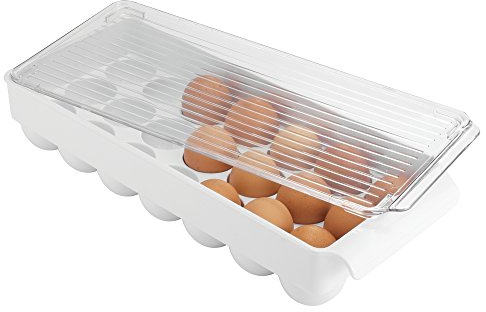 iDesign Fridge/Freeze Binz Eierbehälter, große Aufbewahrungsbox aus Kunststoff für 21 Eier, weiß/durchsichtig
