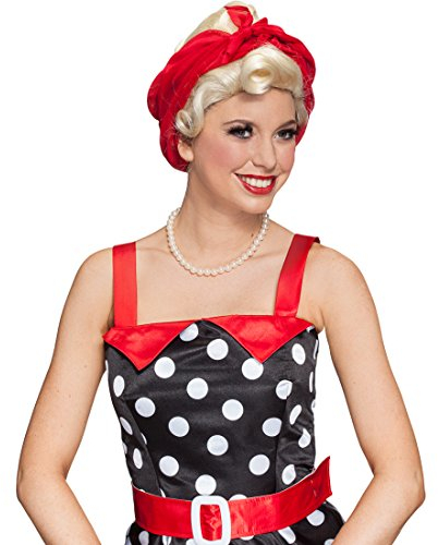 NET TOYS Blonde Kurzhaarperücke 50er Rockabilly Perücke mit Tuch rot Rock'n'Roll Damenperücke Faschingsperücke Vintage Look Pin Up Karnevalsperücke Rockabella Frauenperücke