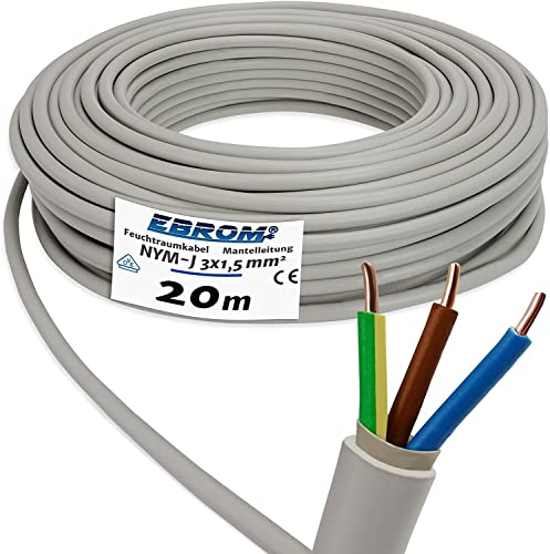 EBROM NYM-J 3 x 1,5 mm² – Cavo di installazione – Tubo per ambienti umidi – Grigio – Ampia scelta in molte lunghezze con incrementi di 5 metri fino a 250 metri al pezzo – Lunghezza: 3 x 1,5 mm2, 20