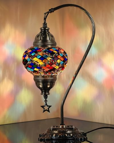 DEMMEX Authentic Turkish Lamp, Made in Turkey, Turkish Moroccan Mosaic Table Bedside Lamp, 100% Handcrafted, Antique Brass Color Metal Body and Decorated Metal Base, 15, Multicolor