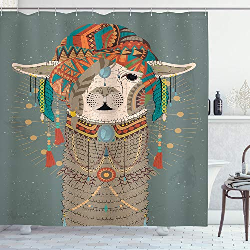 ABAKUHAUS Lama Duschvorhang, Kleidung Alpaka, Stoffliches Gewebe Badezimmerdekorationsset mit Haken, 175 x 240 cm, Grau Teal