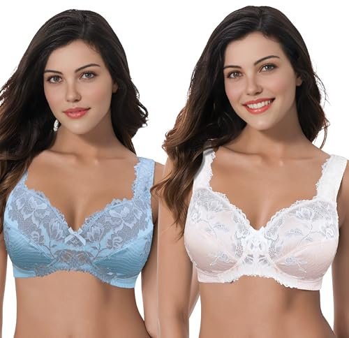 Curve Muse Women's Plus Size Minimizer Unlined Wirefree Lace Full Coverage Bras-2Pack-Starlight Blue,Pink Dogwood-44DDD (EU:100F)