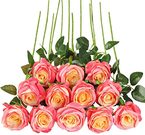 Tifuly 12 PCS Künstliche Rosen, 19,68 '' Single Long Stem Fake Rose Seide Braut Hochzeitsstrauß Realistische Blume für Hausgarten Party Hotel Büro Dekor (Blossom Roses, Rosa)