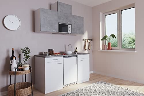respekta Küche Miniküche Singleküche Küchenzeile Pantry Weiß Beton Luis 150 cm