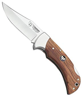 Navaja Cudeman 324-LF hoja de acero ACX-380 de 9,5 cm y empuñadura de olivo satinado de 11,5 cm con funda de cuero para Caza, Pesca, Supervivencia y bushcraft + Portabotellas Regalo