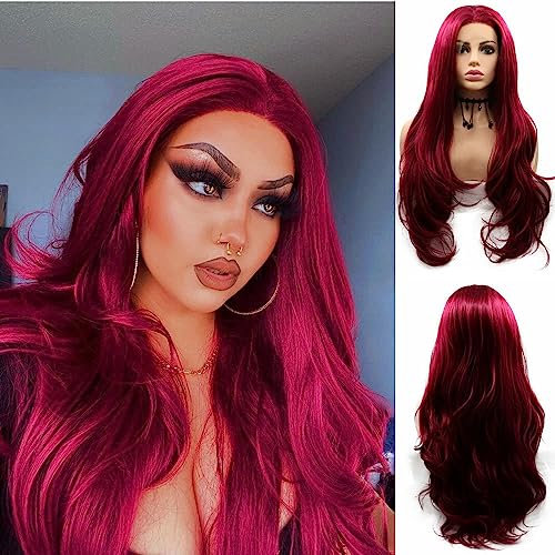SereneWig 61 cm Women's Wig Dark Red Lace Front for Cosplay Party Drag Queen Mermaid Red Real Natural Colour Long Wavy Synthetic Heat Resistant Hair Free Part