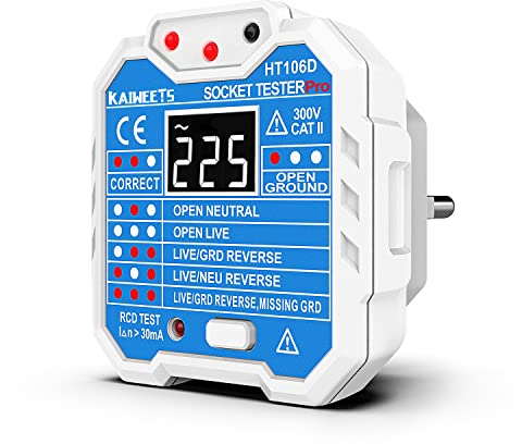 KAIWEETS Tester di Presa Elettrica, Tester per Circuiti Elettrici con LED Display di Tensione, Compatto e Portatile, Rileva 7 Condizioni di Cablaggio/Visualizzazione, RCD/48-250 V/CAT II 300V