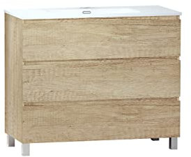 BAIKAL Conjunto de Mueble de Baño LESI. Compuesto por Mueble con Patas y Lavabo Cerámico. Tres Cajones. Melamina 16mm. Mueble MONTADO. Fondo 46cm 100 cm Nature
