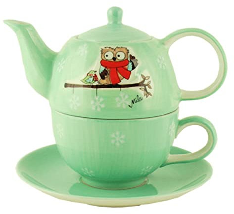 Mila Keramik Tee-Set, Tea for One Hallo Winter-Eule | MI-992391, Türkis/Bunt
