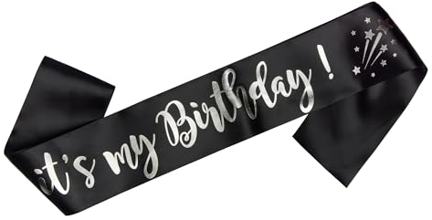 OMISS Schärpe It's My Birthday für Geburtstag auf Englisch – zum Tragen am Tag für Ihren Geburtstag (Schwarz und Silber)
