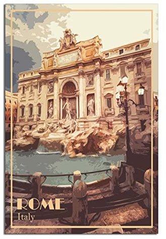ZSEFV Rom Italien Vintage Reiseposter Trevi Brunnen Dekorative Poster Modern Schlafzimmer Leinwand Kunst Poster Bild Gemälde Poster Wanddeko Kunst Geschenk, 12x18inchs(30x45cm)