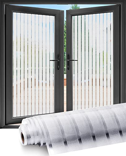 Privacy Window Film 90x 200 cm, Frosted Window Film with White Stripe Pattern Self-adhesive No-Glue Static Cling to Protect Your Family, Anti-UV & Anti-glare for Office Home and Kitchen