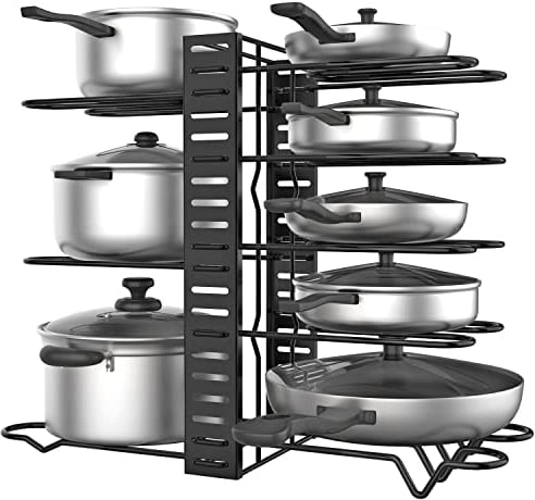 Vinsani Kitchen Pan Rack Organiser Stand Pot Lid Holder Bakeware Chopping Board Tray with Adjustable 8 Dividers Storage Rack Expandable Shelf for Cupboard Cabinet Pantry - Black