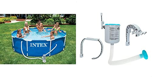 Intex 28202GN Metal Frame Pool - Aufstellpool - Ø 305 x 76 cm,Blau & Oberflächenskimmer - Deluxe Oberflächenskimmer zur Wandmontage - Hängeskimmer, Grau